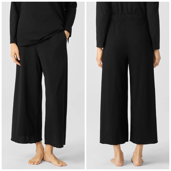 EILEEN FISHER L Slubby Organic Cotton Wide-Leg Sleep Pant in Black Pajama Pants - Picture 10 of 13
